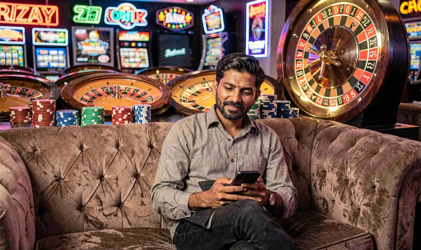 Focused Bangladeshi player using the 75OK casino app on a smartphone with glowing roulette wheels and neon casino signs behind him