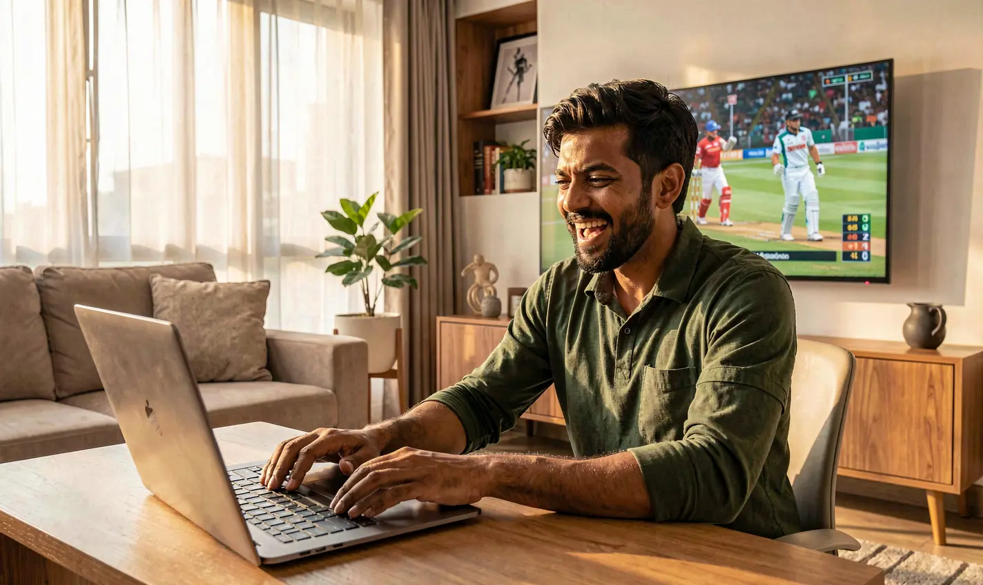 Smiling Bangladeshi sports fan celebrating a winning moment while betting on a laptop with live cricket action on TV behind using 75OK
