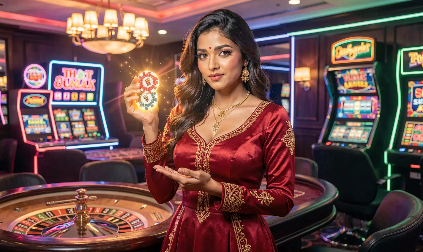 Confident woman holding casino chips in a vibrant gaming environment highlighting the premium bonus experience offered by 75OK Casino in Bangladesh