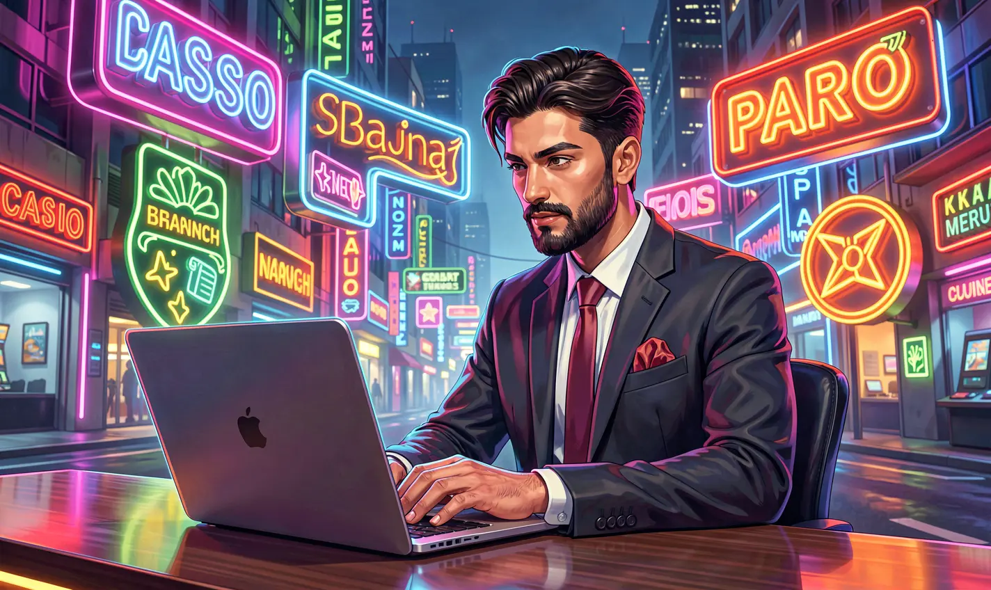 Focused Bangladeshi player using a laptop surrounded by bright casino symbols and neon lights representing dynamic online gaming on 75OK